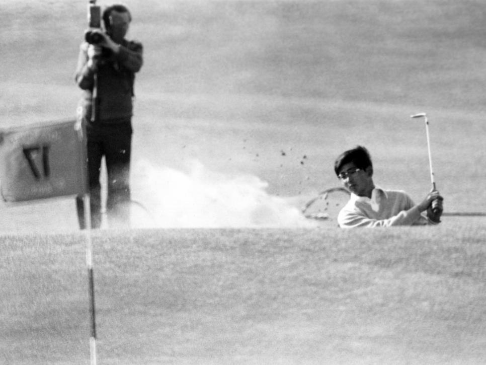 ST ANDREWS, UNITED KINGDOM - JULY 14: Tsuneyuki Nakajima, or Tommy Nakajima of Japan taking taking a nine at the 17th hole during the third round of the 1978 Open Championship on the Old Course at St Andrews on July14, 1978 in St Andrews, Scotland.  (Photo by Peter Dazeley/Getty Images)