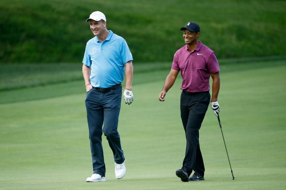 DUBLIN, OH - MAY 30:  Peyton Manning and Tiger Woods walk down the fairway on the second hole during the Pro-Am of The Memorial Tournament Presented By Nationwide at Muirfield Village Golf Club on May 30, 2018 in Dublin, Ohio.  (Photo by Andy Lyons/Getty Images)