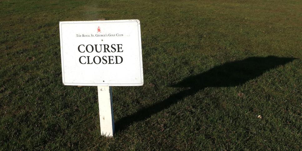 SANDWICH, ENGLAND - APRIL 05: The sign as you walk towards the first tee at the host venue for the 2020 Open Championship due to be held in July 2020 shows that the course is currently closed for all play under government instructions during the Coronavirus (COVID-19) pandemic, which has spread to many countries across the world claiming over 60,000 lives and infecting more than a million people. (Photo by David Cannon/Getty Images)