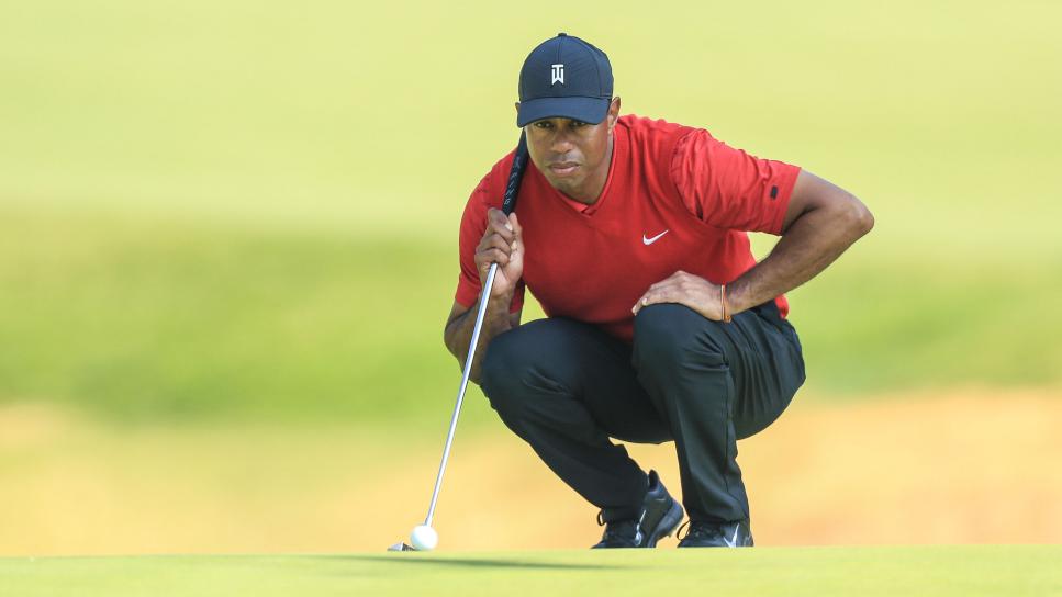 PACIFIC PALISADES, CALIFORNIA - FEBRUARY 16: Tiger Woods of the United States lines up a putt on the par 4, 12th hole during the final round of the Genesis Invitational at The Riviera Country Club on February 16, 2020 in Pacific Palisades, California. (Photo by David Cannon/Getty Images)