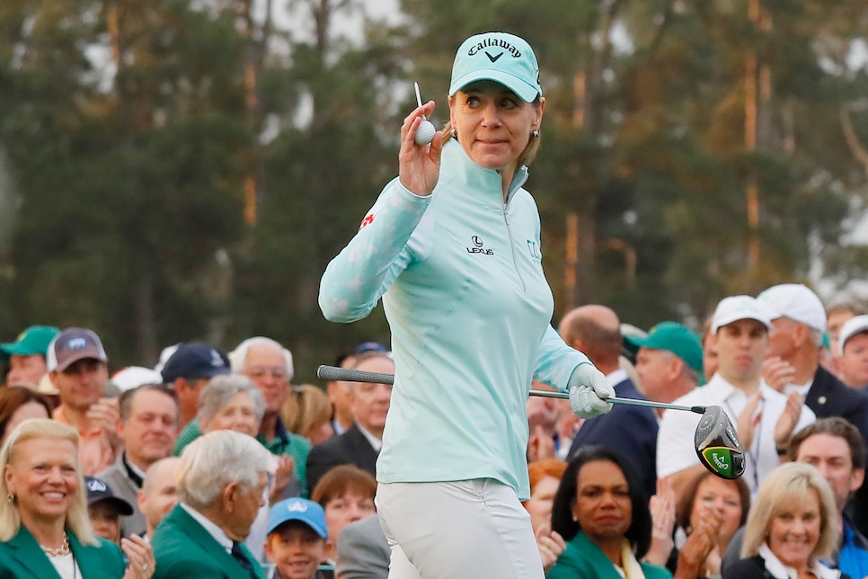 AUGUSTA, GEORGIA - APRIL 06:  Annika Sorenstam of Sweden takes part in the First Tee ceremony prior to the start of the final round of the Augusta National Women's Amateur at Augusta National Golf Club on April 06, 2019 in Augusta, Georgia. (Photo by Kevin C.  Cox/Getty Images)