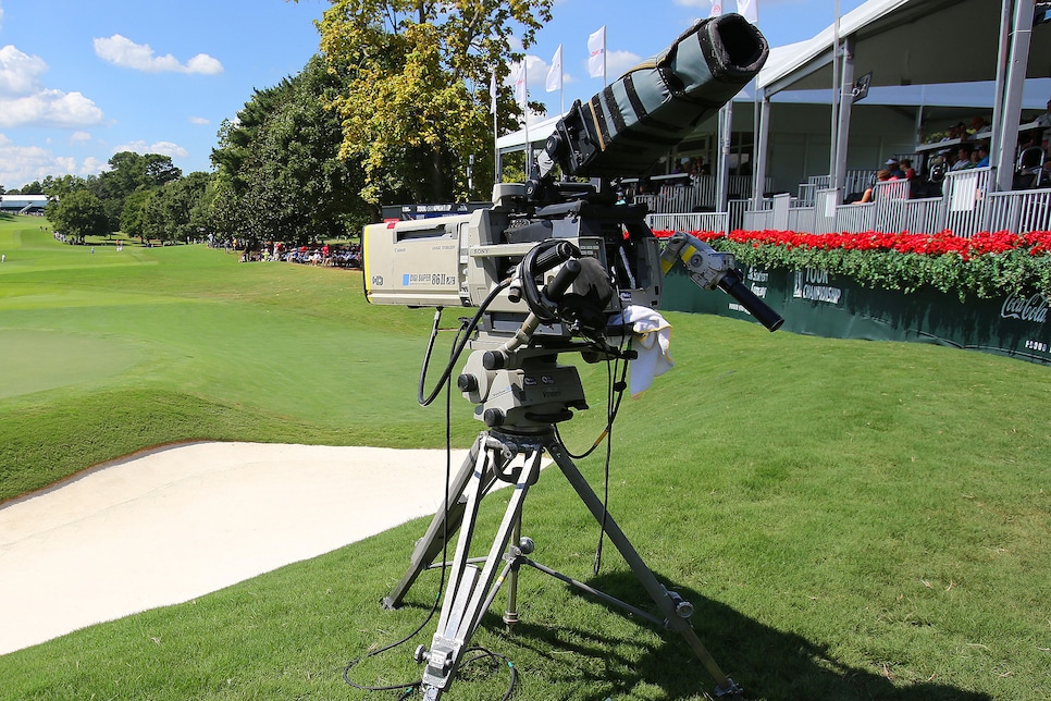 SEP 24, 2016:      A television camera overlooks the 18th green during the third round of the Tour Championship at the East Lake Golf Club in Atlanta, GA.  (Photo by David J. Griffin/Icon Sportswire via Getty Images)