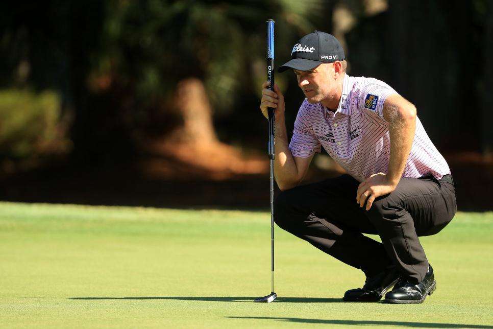 HILTON HEAD ISLAND, SOUTH CAROLINA - JUNE 19: Webb Simpson of the United States lines up a putt on the first green during the second round of the RBC Heritage on June 19, 2020 at Harbour Town Golf Links in Hilton Head Island, South Carolina. (Photo by Streeter Lecka/Getty Images)