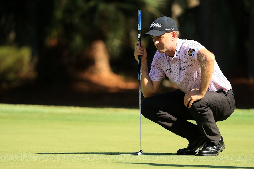 HILTON HEAD ISLAND, SOUTH CAROLINA - JUNE 19: Webb Simpson of the United States lines up a putt on the first green during the second round of the RBC Heritage on June 19, 2020 at Harbour Town Golf Links in Hilton Head Island, South Carolina. (Photo by Streeter Lecka/Getty Images)