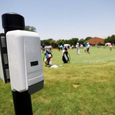 FORT WORTH, TEXAS - JUNE 09:  Hand sanitizer is available for use next to the practice putting green during a practice round prior to the Charles Schwab Challenge at Colonial Country Club on June 09, 2020 in Fort Worth, Texas. (Photo by Tom Pennington/Getty Images)