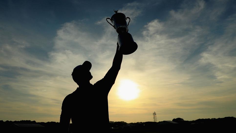 SOUTHAMPTON, NY - JUNE 17:  Brooks Koepka of the United States celebrates with the U.S. Open Championship trophy after winning the 2018 U.S. Open at Shinnecock Hills Golf Club on June 17, 2018 in Southampton, New York.  (Photo by Andrew Redington/Getty Images)