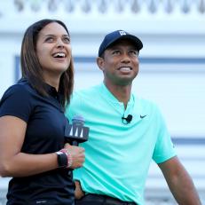 NASSAU, BAHAMAS - DECEMBER 02: Henni Zuel the Golf Channel television presenter watches a shot with Tiger Woods of the United States on stage during the 'Hero Shot at Baha Mar' held at the Baha Mar Resort on December 02, 2019 in Nassau, Bahamas. (Photo by David Cannon/Getty Images)