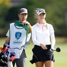 LAKE BUENA VISTA, FLORIDA - JANUARY 18:  Jessica Korda talks with her caddie before playing her second shot on the seventh hole during the third round of the Diamond Resorts Tournament of Champions at Tranquilo Golf Course at Four Seasons Golf and Sports Club Orlando on January 18, 2020 in Lake Buena Vista, Florida. (Photo by Michael Reaves/Getty Images)