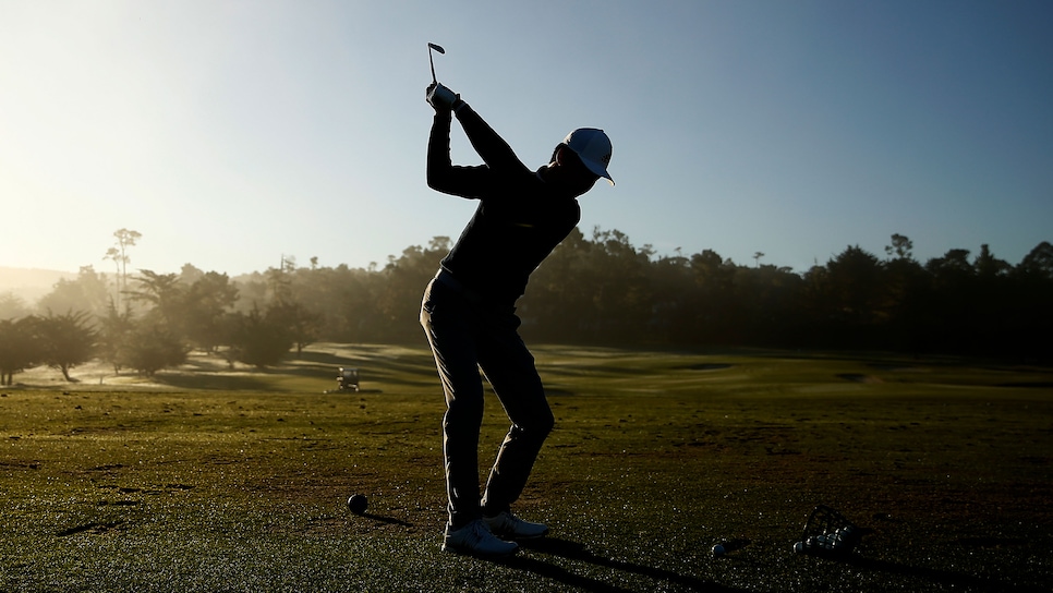 PEBBLE BEACH, CALIFORNIA - FEBRUARY 07:  Brandon Wu of the United States practices on the driving range prior to the second round of the AT&T Pebble Beach Pro-Am at Monterey Peninsula Country Club on February 07, 2020 in Pebble Beach, California. (Photo by Michael Reaves/Getty Images)