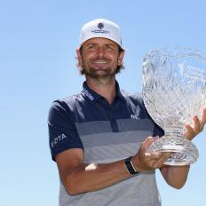 SOUTH LAKE TAHOE, NEVADA - JULY 12:  Former professional tennis athlete Mardy Fish posses with the trophy after winning the American Century Championship at Edgewood Tahoe South course on July 12, 2020 in South Lake Tahoe, Nevada. (Photo by Christian Petersen/Getty Images)