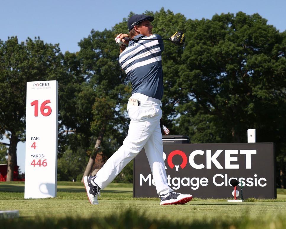 DETROIT, MICHIGAN - JULY 05: Bryson DeChambeau of the United States plays his shot from the 16th tee during the final round of the Rocket Mortgage Classic on July 05, 2020 at the Detroit Golf Club in Detroit, Michigan. (Photo by Gregory Shamus/Getty Images)
