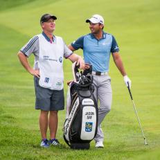 CARMEL, IN - SEPTEMBER 08:  Jason Day of Australia laughs with his caddie Colin Swatton on the seventh hole before resuming play during the first round of the BMW Championship at Crooked Stick Golf Club on September 8, 2016 in Carmel, Indiana. (Photo by Keyur Khamar/PGA TOUR)