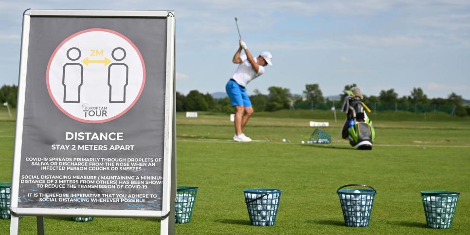 ATZENBRUGG, AUSTRIA - JULY 08: A sign telling players about social distancing and other advice against covid 19 is seen during practice prior to the Austrian Open at Diamond Country Club on July 08, 2020 in Atzenbrugg, Austria. (Photo by Stuart Franklin/Getty Images)