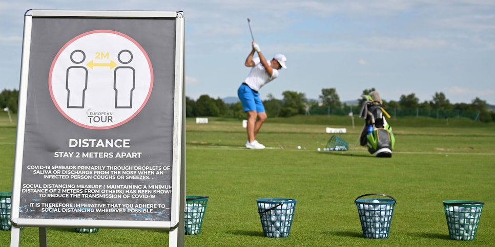 ATZENBRUGG, AUSTRIA - JULY 08: A sign telling players about social distancing and other advice against covid 19 is seen during practice prior to the Austrian Open at Diamond Country Club on July 08, 2020 in Atzenbrugg, Austria. (Photo by Stuart Franklin/Getty Images)