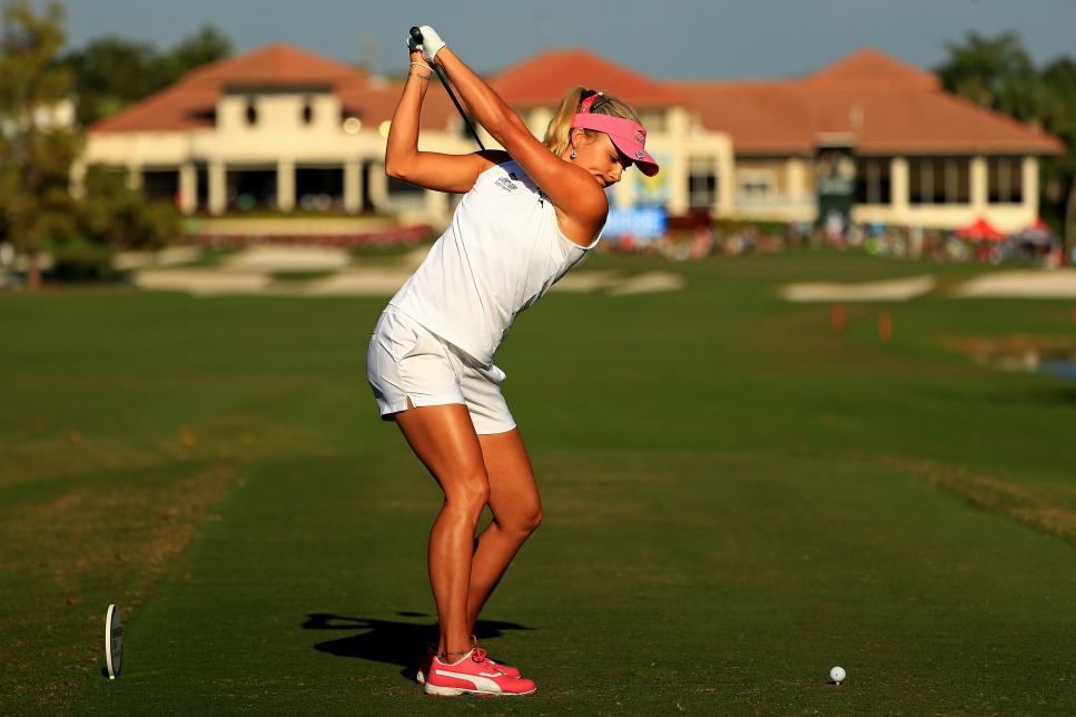 BOCA RATON, FLORIDA - JANUARY 25: Lexi Thompson hits her tee shot on the 18th hole during the third round of the Gainbridge LPGA at Boca Rio on January 25, 2020 in Boca Raton, Florida. (Photo by Mike Ehrmann/Getty Images)