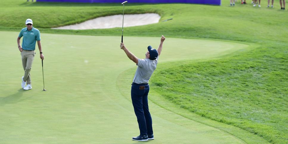 BLAINE, MINNESOTA - JULY 26: Michael Thompson of the United States celebrates on the 18th green after winning the 3M Open on July 26, 2020 at TPC Twin Cities in Blaine, Minnesota. (Photo by Stacy Revere/Getty Images)