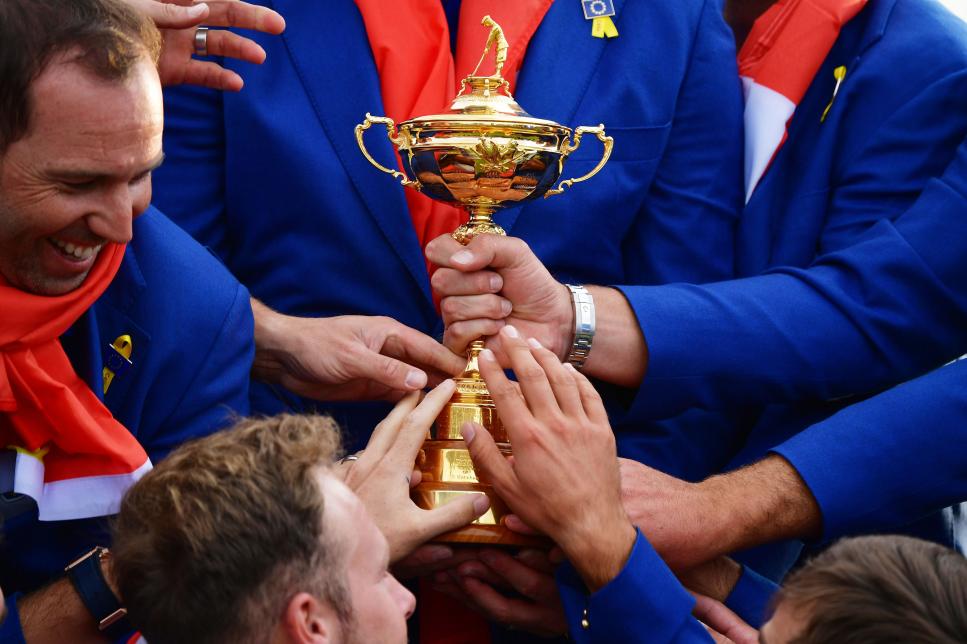PARIS, FRANCE - SEPTEMBER 30:  Captain Thomas Bjorn of Europe holds The Ryder Cup as Europe celebrate victory following the singles matches of the 2018 Ryder Cup at Le Golf National on September 30, 2018 in Paris, France.  (Photo by Stuart Franklin/Getty Images)