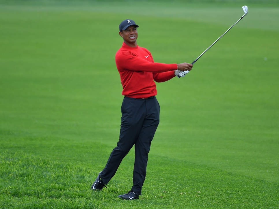 SAN DIEGO, CALIFORNIA - JANUARY 26: Tiger Woods plays a shot on the ninth hole during the final round of the Farmers Insurance Open at Torrey Pines South on January 26, 2020 in San Diego, California. (Photo by Donald Miralle/Getty Images)