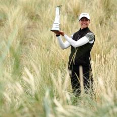 TROON, SCOTLAND - AUGUST 23: Sophia¬†Popov of Germany poses with the trophy following victory in the final round on Day Four of the 2020 AIG Women's Open at Royal Troon on August 23, 2020 in Troon, Scotland. (Photo by Jan Kruger/R&A/R&A via Getty Images)