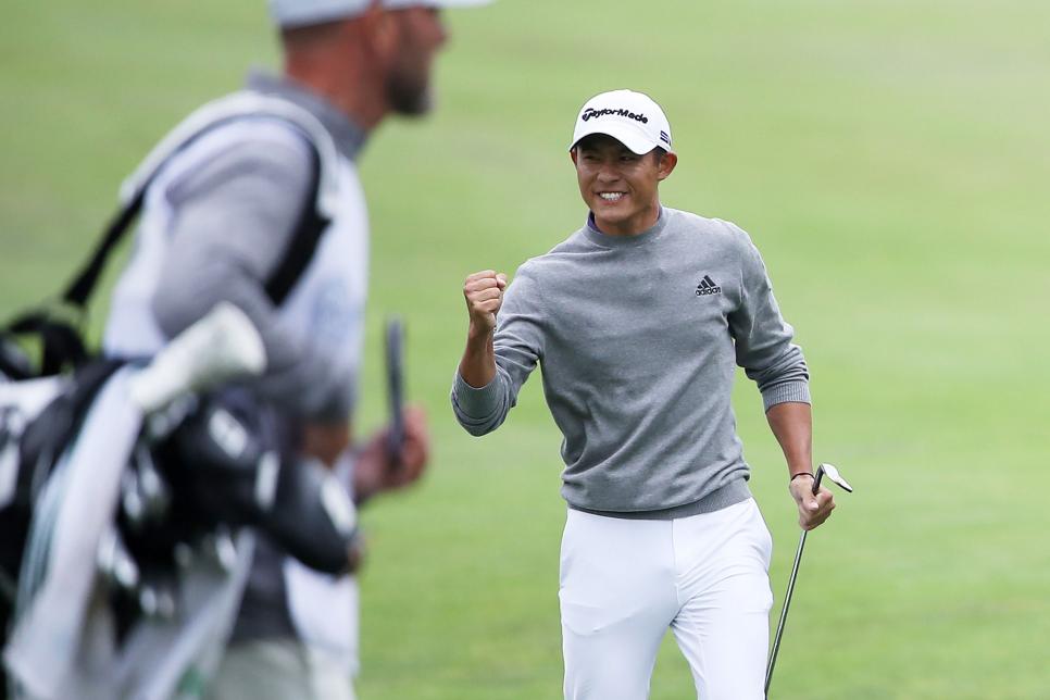 SAN FRANCISCO, CALIFORNIA - AUGUST 09: Collin Morikawa of the United States celebrates chipping in for birdie on the 14th hole during the final round of the 2020 PGA Championship at TPC Harding Park on August 09, 2020 in San Francisco, California. (Photo by Sean M. Haffey/Getty Images)