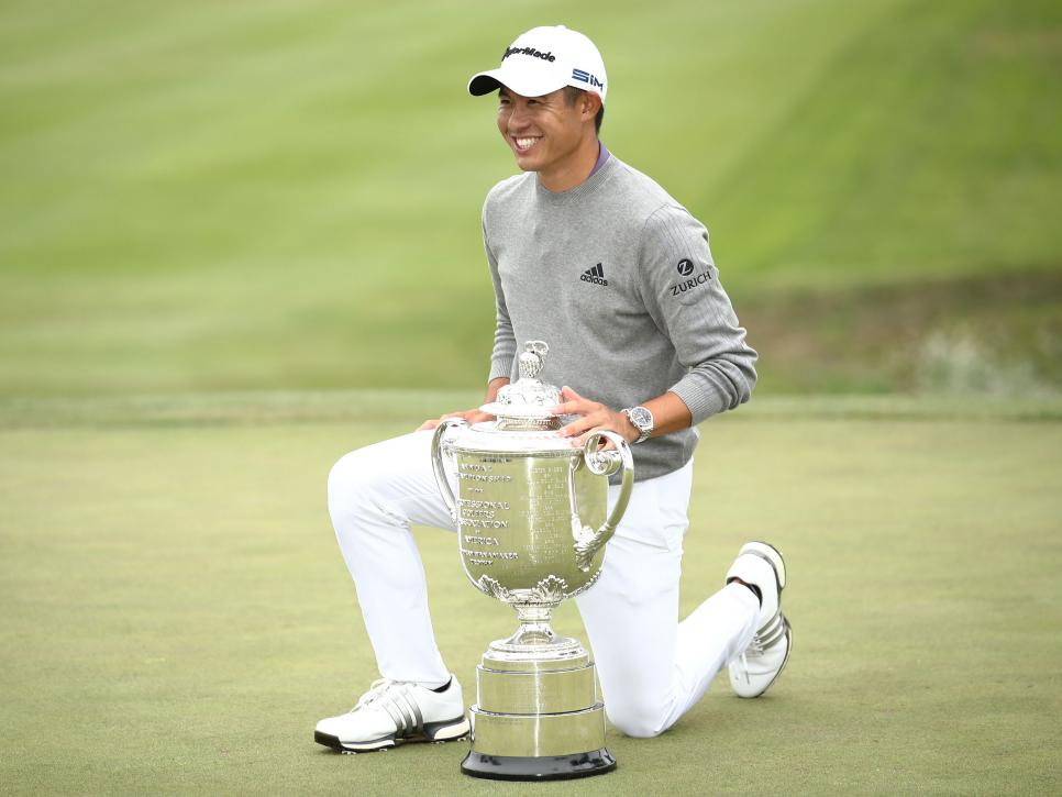 SAN FRANCISCO, CALIFORNIA - AUGUST 09: Collin Morikawa of the United States celebrates with the Wanamaker Trophy after winning during the final round of the 2020 PGA Championship at TPC Harding Park on August 09, 2020 in San Francisco, California. (Photo by Ezra Shaw/Getty Images)