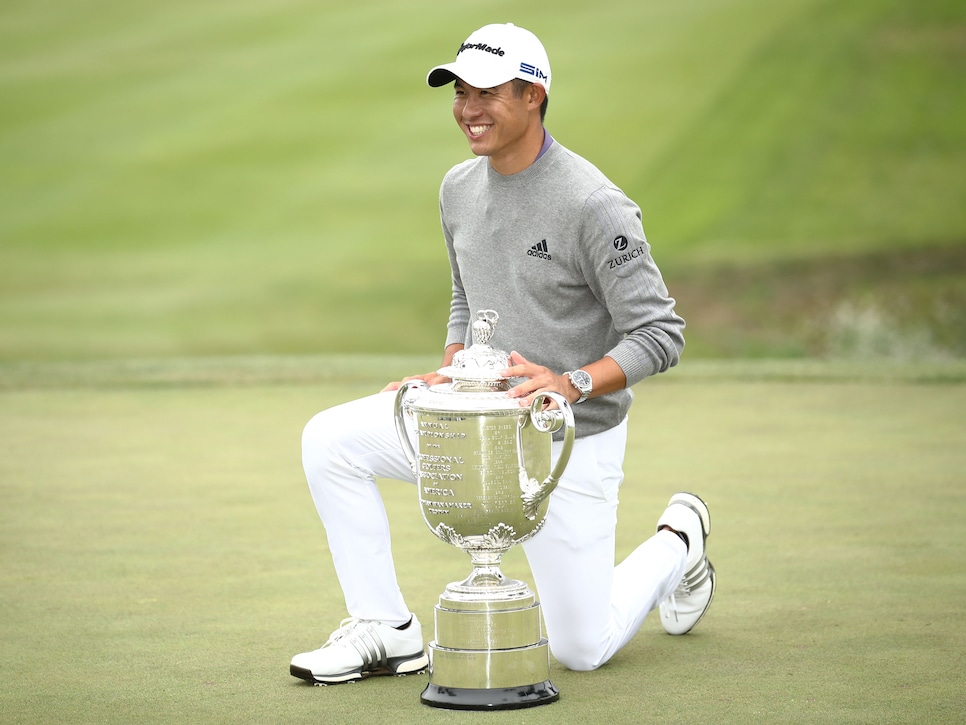 SAN FRANCISCO, CALIFORNIA - AUGUST 09: Collin Morikawa of the United States celebrates with the Wanamaker Trophy after winning during the final round of the 2020 PGA Championship at TPC Harding Park on August 09, 2020 in San Francisco, California. (Photo by Ezra Shaw/Getty Images)