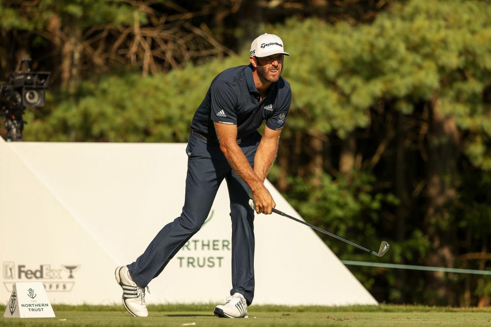 NORTON, MASSACHUSETTS - AUGUST 23: Dustin Johnson of the United States watches his shot on the 11th tee during the final round of The Northern Trust at TPC Boston on August 23, 2020 in Norton, Massachusetts. (Photo by Maddie Meyer/Getty Images)