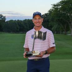 GRAND BLANC, MI - AUGUST 02: Jim Furyk of the United States poses with the trophy after winning the Ally Challenge presented by McLaren at Warwick Hills Golf & Country Club on August 2, 2020 in Grand Blanc, Michigan. (Photo by Rey Del Rio/Getty Images)