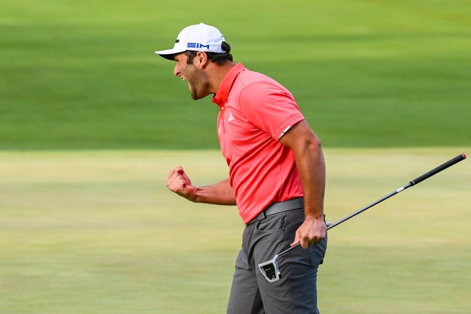OLYMPIA FIELDS, IL - AUGUST 30:  Jon Rahm of Spain celebrates with a fist pump after making a birdie putt on the 18th hole during a playoff in the final round of the BMW Championship on the North Course at Olympia Fields Country Club on August 30, 2020 in Olympia Fields, Illinois. (Photo by Keyur Khamar/PGA TOUR via Getty Images)
