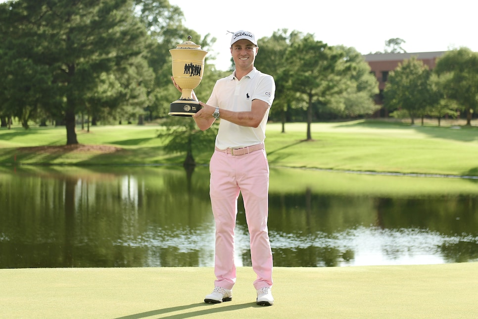 MEMPHIS, TENNESSEE - AUGUST 02:  Justin Thomas of the United States poses with the trophy after winning the World Golf Championship FedEx St Jude Invitational at TPC Southwind on August 02, 2020 in Memphis, Tennessee. (Photo by Stacy Revere/Getty Images)