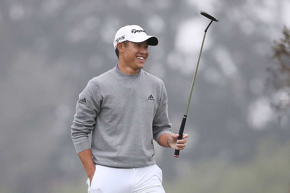 SAN FRANCISCO, CALIFORNIA - AUGUST 09: Collin Morikawa of the United States celebrates after making his final putt on the 18th green during the final round of the 2020 PGA Championship at TPC Harding Park on August 09, 2020 in San Francisco, California. (Photo by Sean M. Haffey/Getty Images)