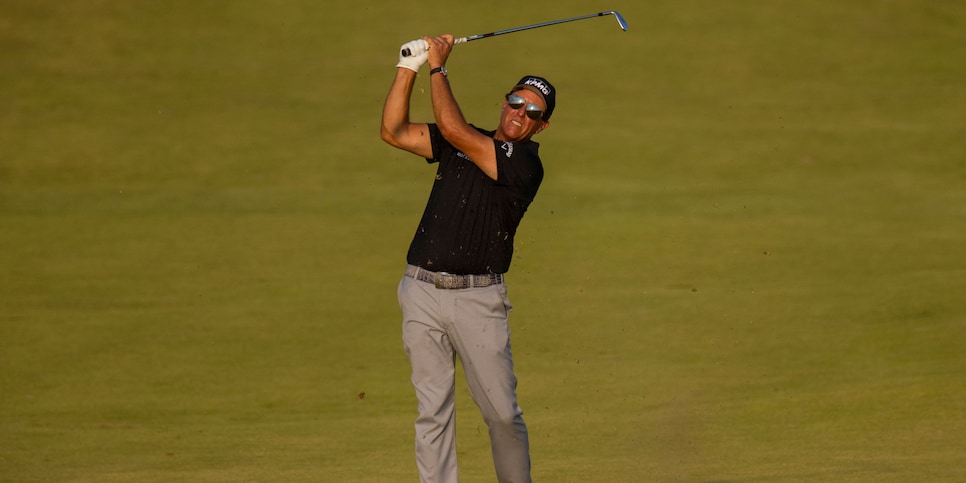 BRANSON, MO - AUGUST 24:  Phil Mickelson of the United States hits from the 18th fairway during round one of the Charles Schwab Series at Ozarks National on August 24, 2020 in Branson, Missouri. (Photo by Brett Carlsen/Getty Images)