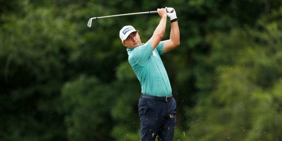GREENSBORO, NORTH CAROLINA - AUGUST 16: Rob Oppenheim of the United States plays his shot from the third tee during the final round of the Wyndham Championship at Sedgefield Country Club on August 16, 2020 in Greensboro, North Carolina. (Photo by Chris Keane/Getty Images)