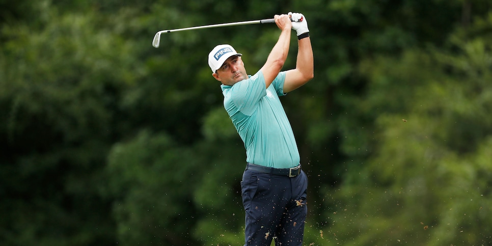 GREENSBORO, NORTH CAROLINA - AUGUST 16: Rob Oppenheim of the United States plays his shot from the third tee during the final round of the Wyndham Championship at Sedgefield Country Club on August 16, 2020 in Greensboro, North Carolina. (Photo by Chris Keane/Getty Images)