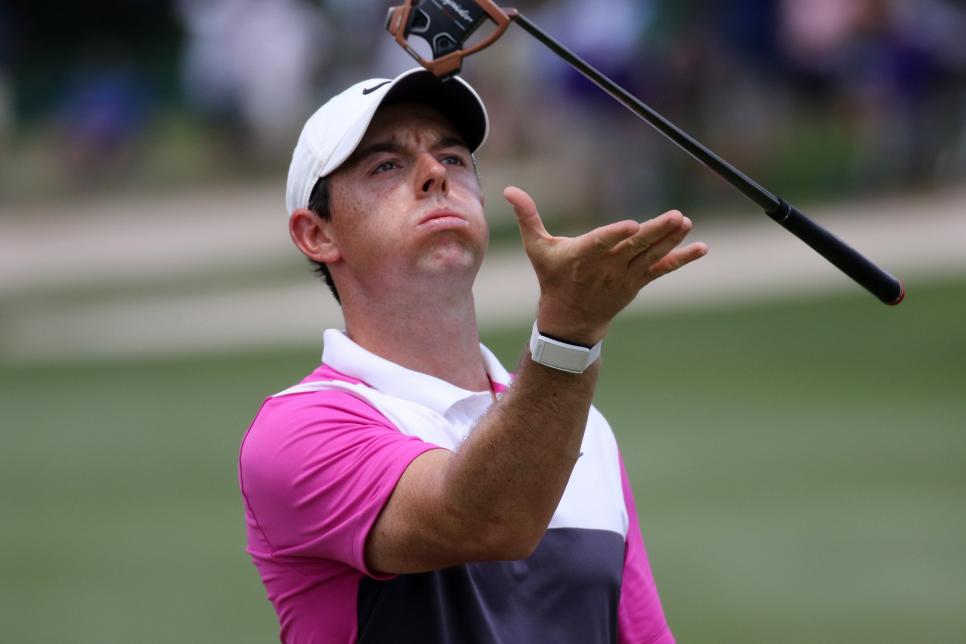 MEMPHIS, TN - JULY 27:   Rory McIlroy flips his putter in frustration after a bogey on the 12th hole during the third round of the World Golf Championships - FedEx St. Jude Invitational on July 27, 2019 at TPC Southwind in Memphis, Tennessee.  (Photo by Michael Wade/Icon Sportswire via Getty Images)
