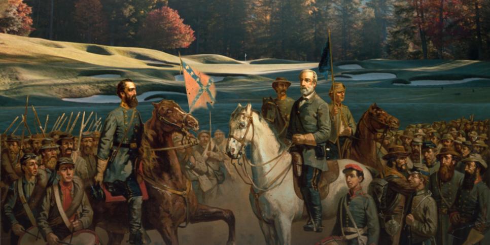 1863:  The last meeting between the Confederate Army Generals Stonewall Jackson (1824 - 1863) and Robert E Lee (1807 - 1870). Jackson (left) was shot and fatally wounded by his own men during the Battle of Chancellorsville, when his escort was mistaken for a detachment of Union troops.  (Photo by MPI/Getty Images)