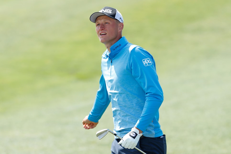 SAMSUN, TURKEY - APRIL 27: Adrian Meronk of Poland looks on after playing his 2nd shot on the 10th hole during the third round of the Turkish Airlines Challenge at Samsun Golf Club on April 27, 2019 in Samsun, Turkey. (Photo by Luke Walker/Getty Images)