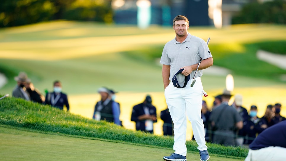 Bryson DeChambeau reacts after his six stroke victory at the 2020 U.S. Open at Winged Foot Golf Club (West Course) in Mamaroneck, N.Y. on Sunday, Sept. 20, 2020. (Darren Carroll/USGA)