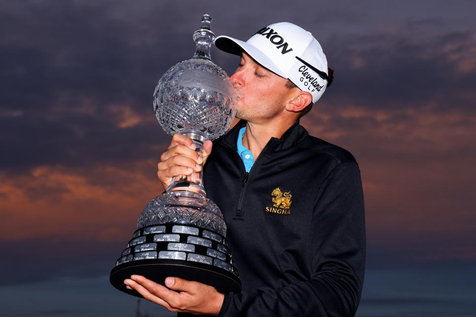 BALLYMENA, NORTHERN IRELAND - SEPTEMBER 27:  John Catlin of the United States kisses the trophy following his victory during Day Four of the Dubai Duty Free Irish Open at Galgorm Spa & Golf Resort on September 27, 2020 in Ballymena, United Kingdom. (Photo by Richard Heathcote/Getty Images)