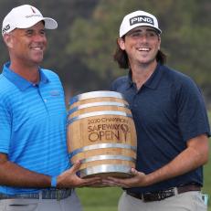 NAPA, CALIFORNIA - SEPTEMBER 13: Stewart Cink celebrates with the trophy and his son Reagan after winning the Safeway Open at Silverado Resort on September 13, 2020 in Napa, California. (Photo by Sean M. Haffey/Getty Images)