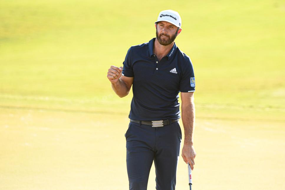 ATLANTA, GA - SEPTEMBER 07: Dustin Johnson fist pumps after making the winning putt on the 18th green during the final round of the TOUR Championship at East Lake Golf Club on September 7, 2020 in Atlanta, Georgia. (Photo by Ben Jared/PGA TOUR via Getty Images)