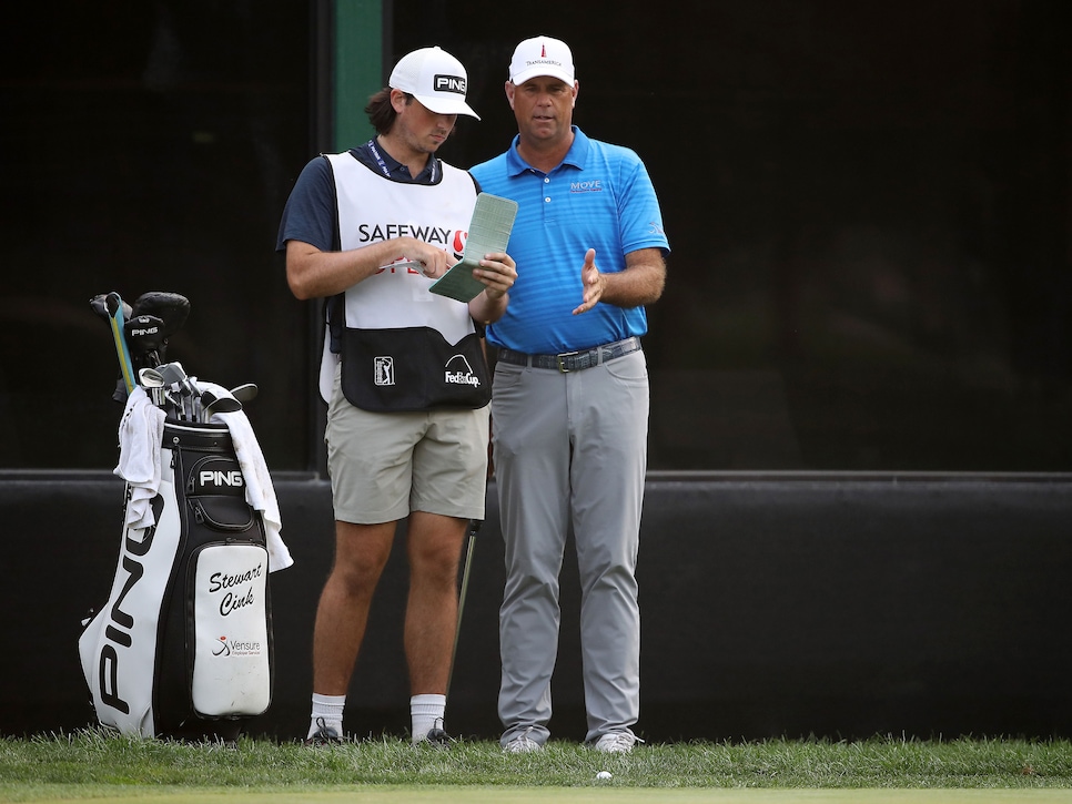 NAPA, CALIFORNIA - SEPTEMBER 13: Stewart Cink stands with his son Reagan as his caddie on the 18th hole during the final round of the Safeway Open at Silverado Resort on September 13, 2020 in Napa, California. (Photo by Sean M. Haffey/Getty Images)