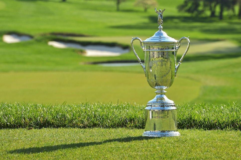 ARDMORE, PA - APRIL 22:  The U.S. Open Championship Trophy rests on the ninth teebox of the East Course at Merion Golf Club on April 22, 2013 in Ardmore, Pennsylvania. Merion Golf Club is the site for the 2013 U.S. Open that will be played on June 13-16. (Photo by Drew Hallowell/Getty Images)