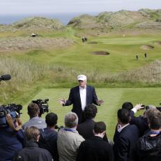 Donald Trump, presumptive Republican presidential nominee, speaks to members of the media at Trump International Golf Links in Aberdeen, U.K, on Saturday, June 25, 2016. The grand re-opening of the golf course went on as scheduled as financial markets rattled into a panicked state of uncertainty following the EU referendum result. Photographer: Matthew Lloyd/Bloomberg via Getty Images