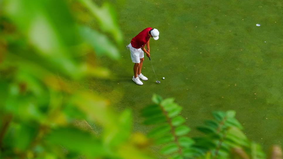 FAYETTEVILLE, AR - MAY 29: Stanfords Brandon Wu putts on the eighth hole during the Division I Men's Golf Match Play Championship held at the Blessings Golf Club on May 29, 2019 in Fayetteville, Arkansas. (Photo by Jack Dempsey/NCAA Photos via Getty Images)