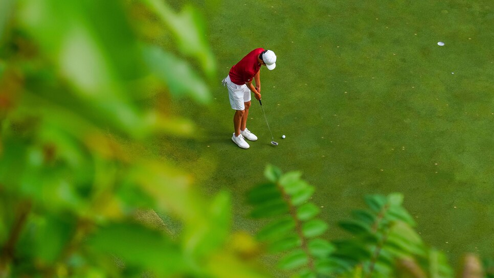 FAYETTEVILLE, AR - MAY 29: Stanfords Brandon Wu putts on the eighth hole during the Division I Men's Golf Match Play Championship held at the Blessings Golf Club on May 29, 2019 in Fayetteville, Arkansas. (Photo by Jack Dempsey/NCAA Photos via Getty Images)