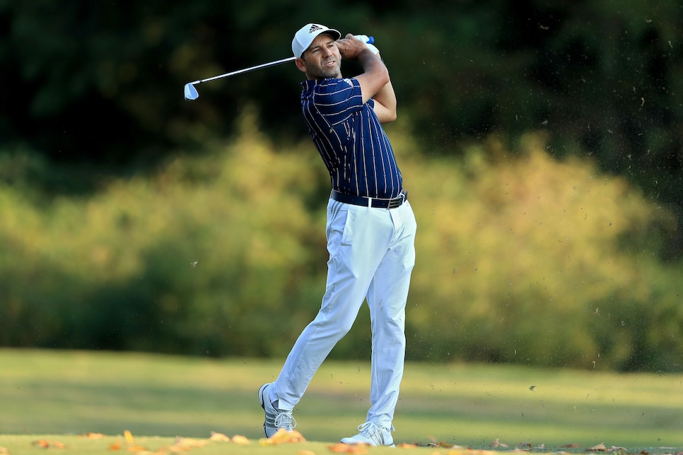 JACKSON, MISSISSIPPI - OCTOBER 04: Sergio Garcia of Spain plays his shot on the 17th hole during the final round of the Sanderson Farms Championship at The Country Club of Jackson on October 04, 2020 in Jackson, Mississippi. (Photo by Sam Greenwood/Getty Images)