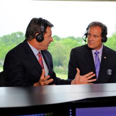DUBLIN, OHIO - JUNE 04:  Tournament Host Jack Nicklaus Visits the CBS broadcast set with Nick Faldo and Jim Nantz during the third round of the Memorial Tournament presented by Nationwide at Muirfield Village Golf Club on June 4, 2016 in Dublin, Ohio. (Photo by Chris Condon/PGA TOUR)