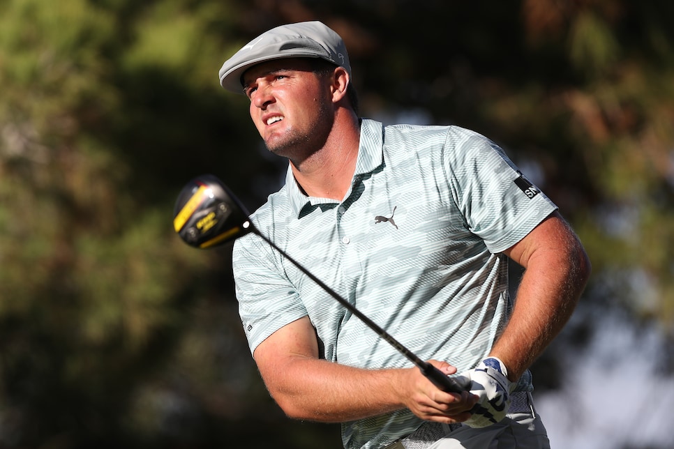 LAS VEGAS, NEVADA - OCTOBER 10: Bryson DeChambeau hits his tee shot on the 16th hole during round three of the Shriners Hospitals For Children Open at TPC Summerlin on October 10, 2020 in Las Vegas, Nevada. (Photo by Matthew Stockman/Getty Images)