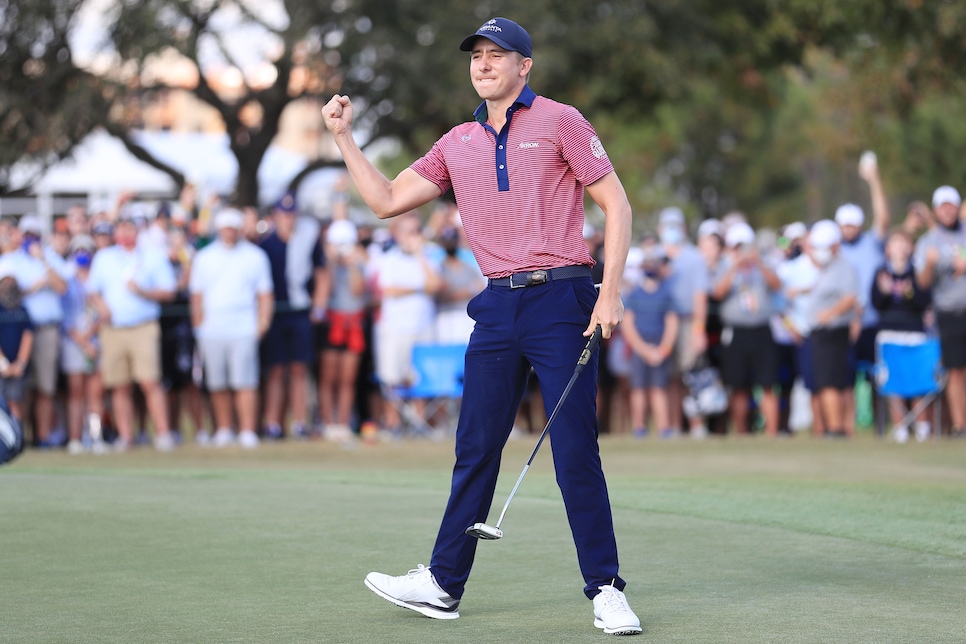 HOUSTON, TEXAS - NOVEMBER 08: Carlos Ortiz of Mexico celebrates after making a birdie putt on the 18th green to win the Houston Open at Memorial Park Golf Course on November 08, 2020 in Houston, Texas. (Photo by Carmen Mandato/Getty Images)